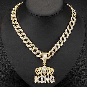 Full Diamond Hip Hop KING Crown Letter Pendant Cuban Necklace